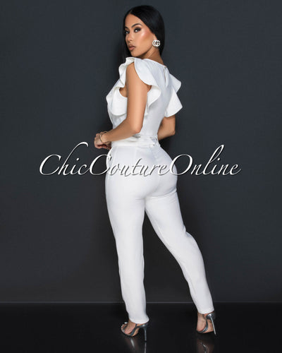 Noni White Ruffle Crop Top & Belted Pants Set