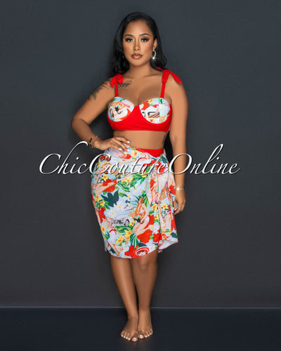 Lanee Red Multi-Color Print Top/Bikini & Cover Up 3 Piece Set Swimsuit