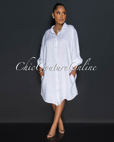 Cheyenne White Front Buttons Shirt LINEN Midi Dress
