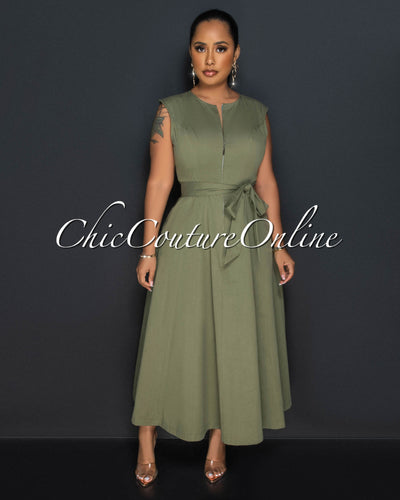 Kamille Olive Green Front Zipper Maxi Dress
