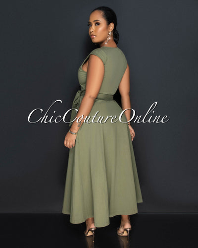 Kamille Olive Green Front Zipper Maxi Dress