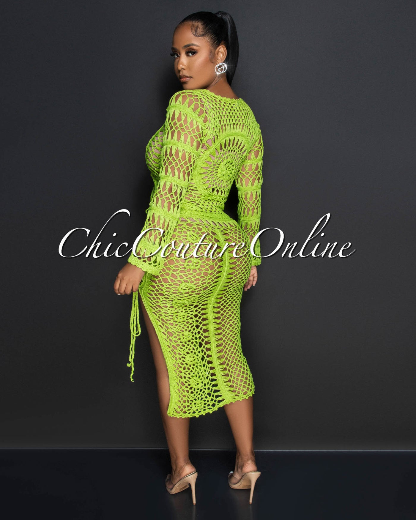 Domna Green Crochet Cover-Up Lace-Up Midi Dress