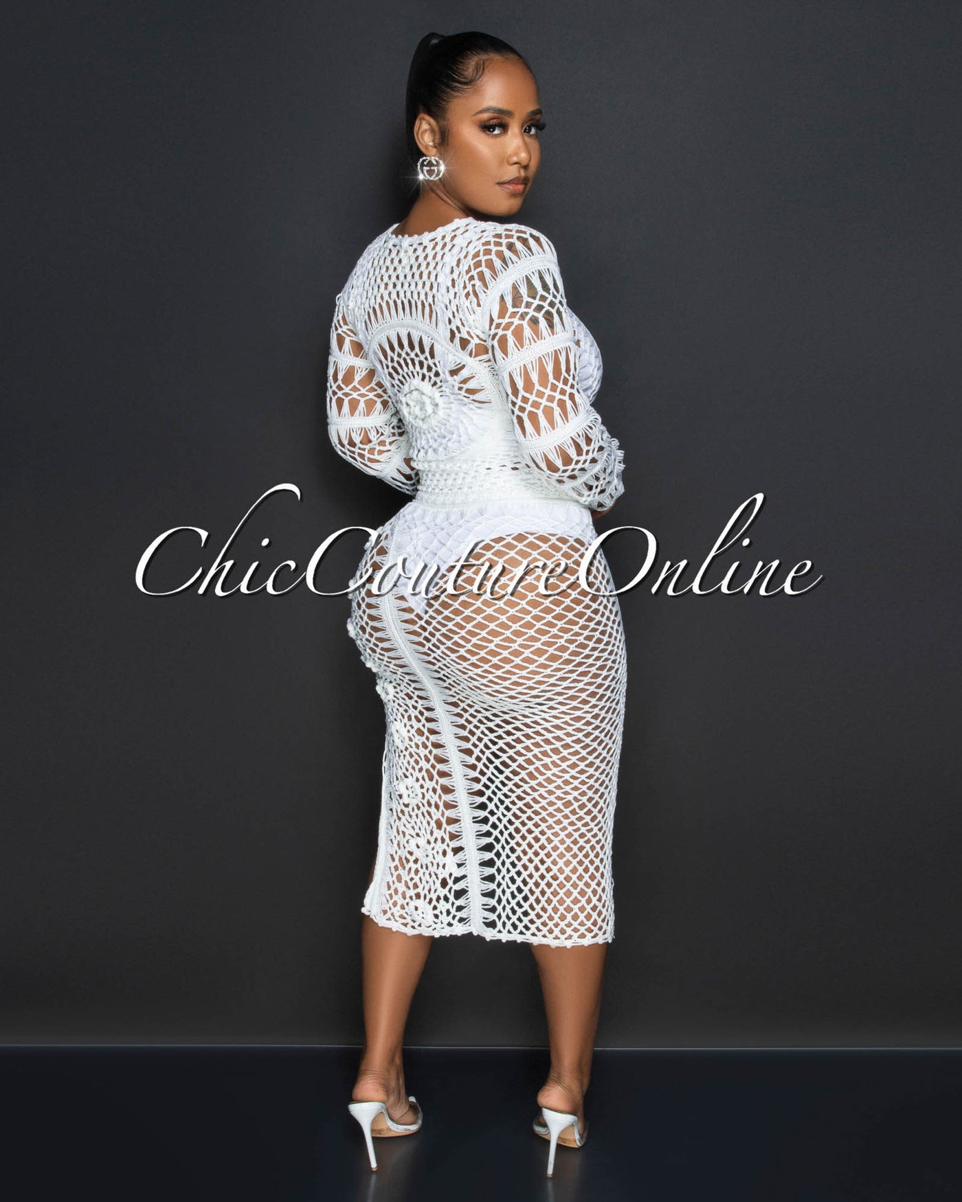 Domna White Crochet Cover-Up Lace-Up Midi Dress