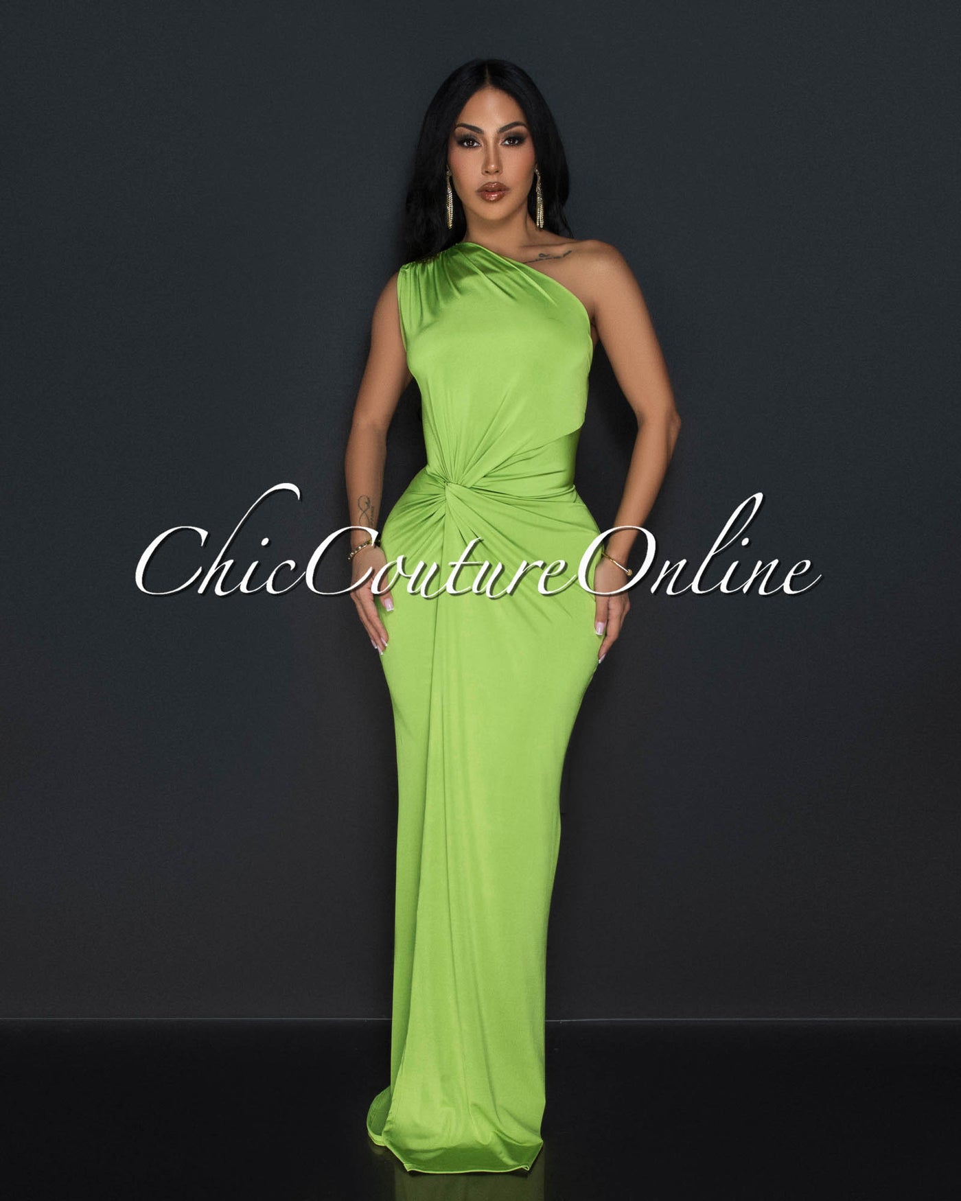 Zima Lime Green Single Shoulder Twist Maxi Dress
