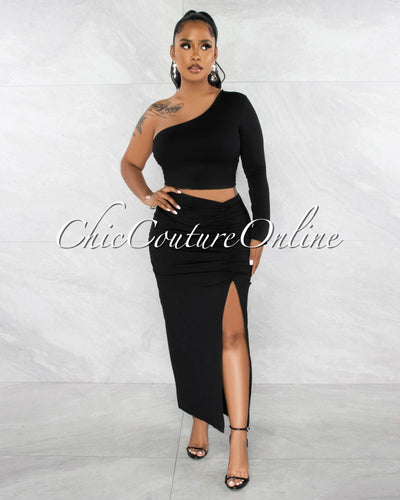 Kranie Black Single Shoulder Crop Top & Ruched Maxi Skirt Set