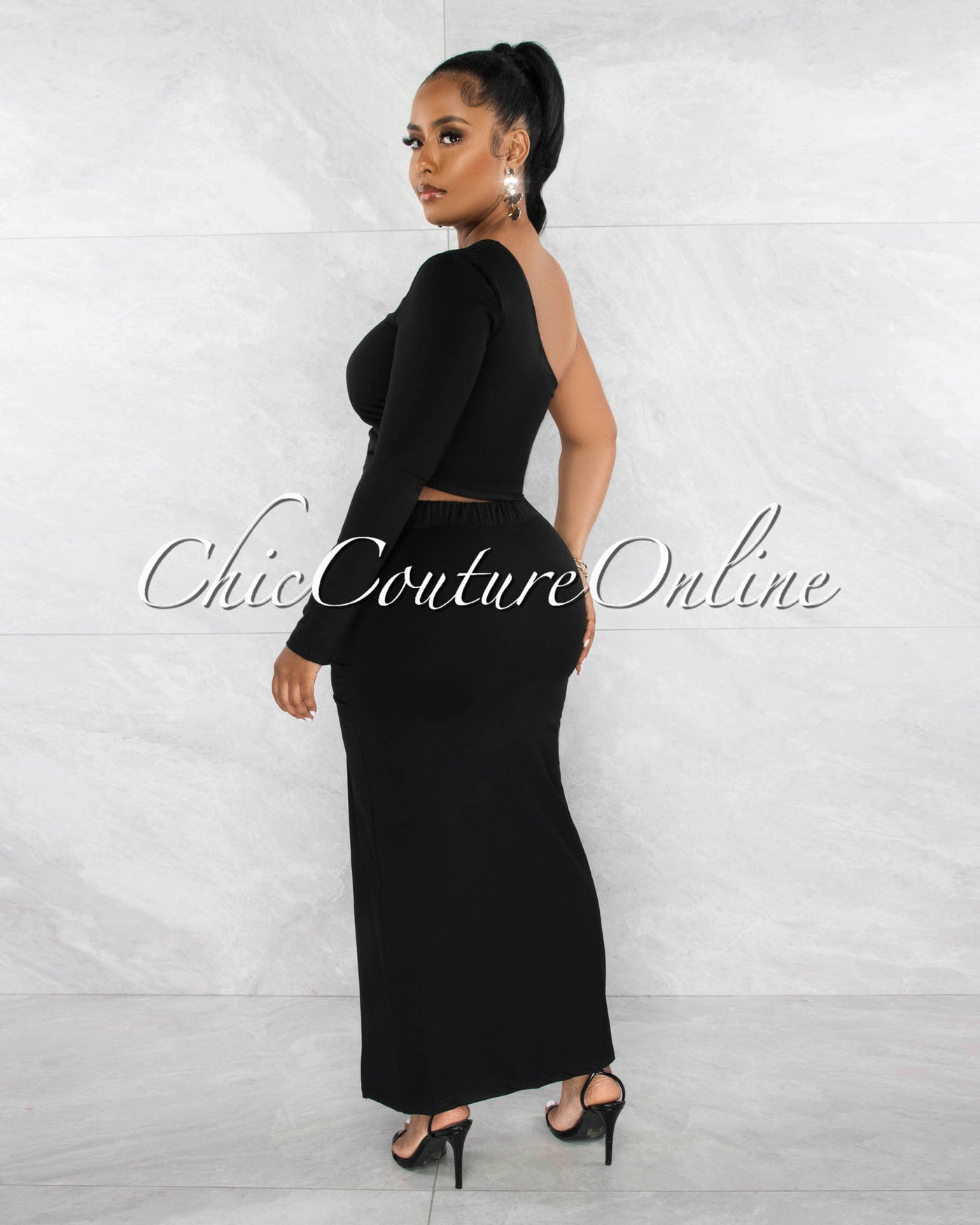 Kranie Black Single Shoulder Crop Top & Ruched Maxi Skirt Set