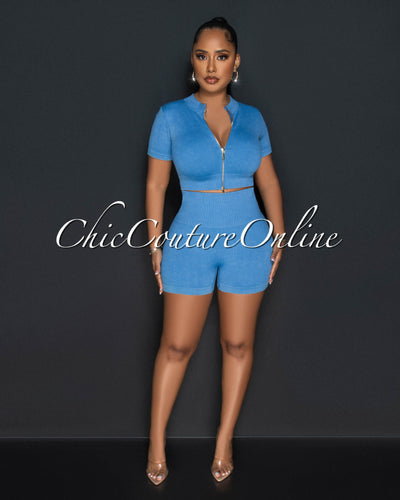 Farris Blue Gold Zipper Ribbed Crop Top & Ruched Shorts Set