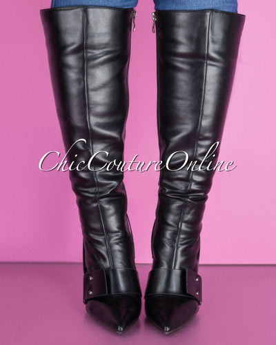 Varsity Black Faux Leather High Boots