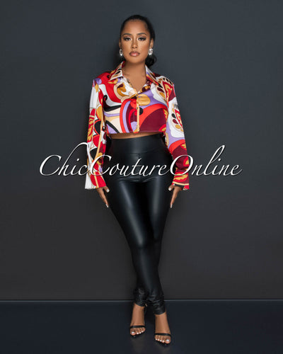 Lisette Red Multi-Color Print Silky Crop Blouse