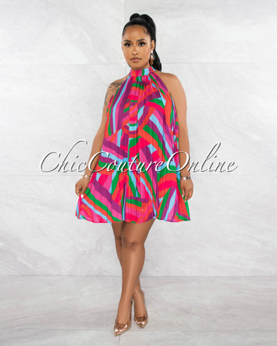 Sabba Fuchsia Multi-Color Print Halter Pleated Dress