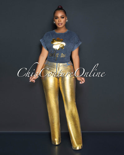 Sally Denim Gold Foil Wide Jeans