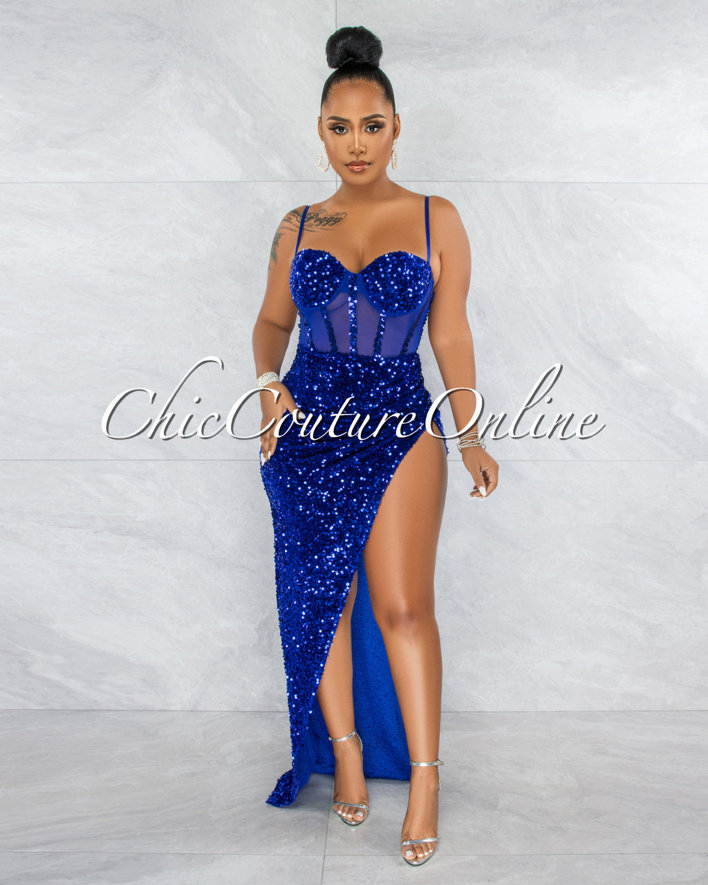 Melisia Royal Blue Mesh Sequins Velvet Maxi Bodysuit Dress – Chic