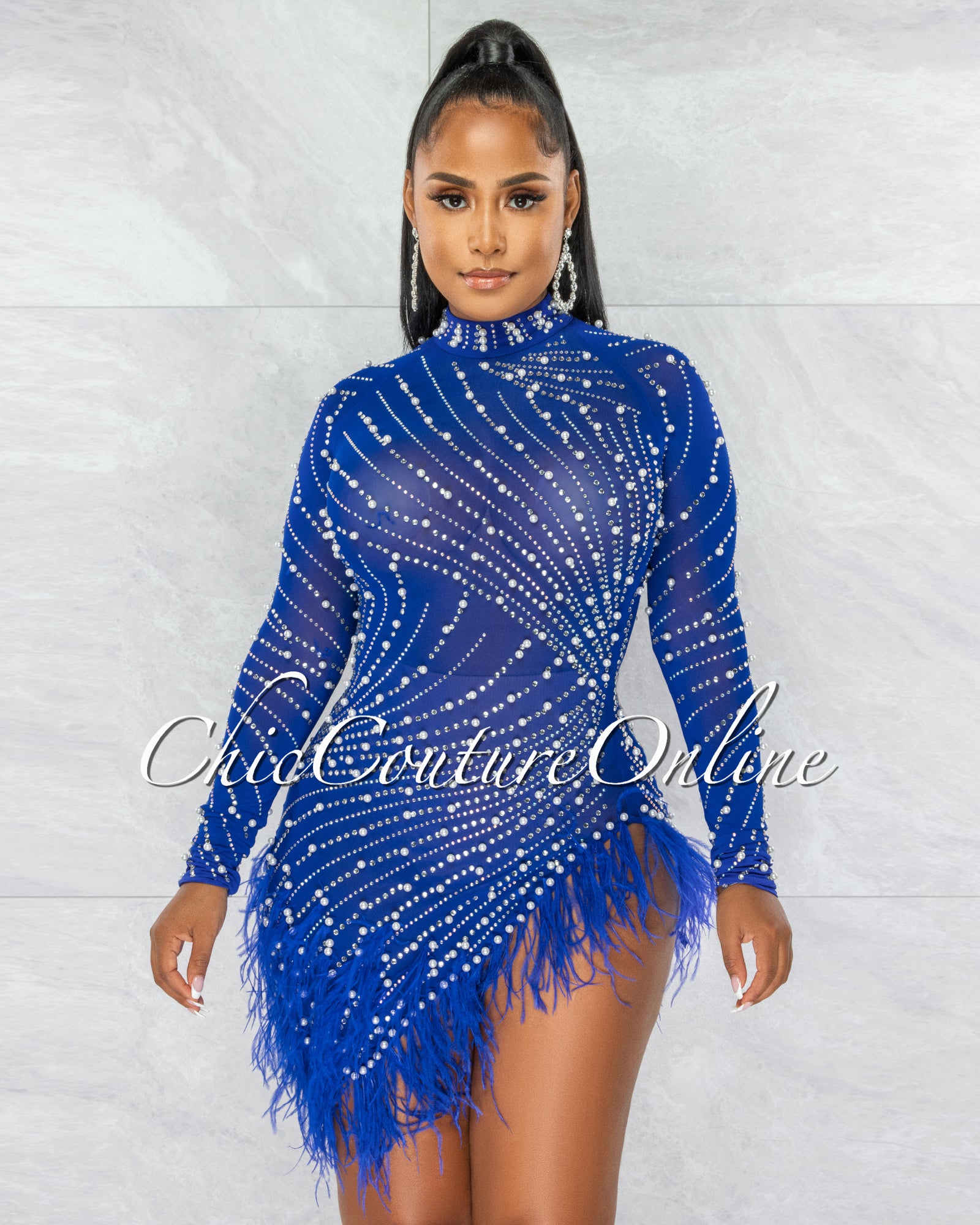 *Rhesa Royal-Blue Rhinestones Pearls & Feathers Mesh Mini Dress *Rhesa Royal-Blue Rhinestones Pearls & Feathers Mesh Mini Dress