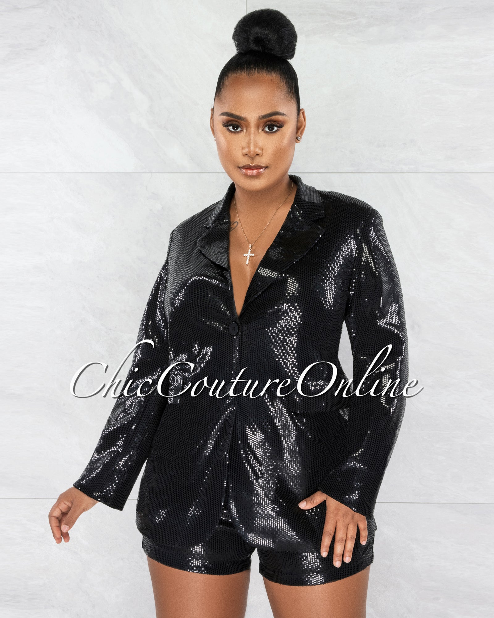 *Suzu Black Sequins Oversized Blazer & Shorts Set Chic Couture Online
