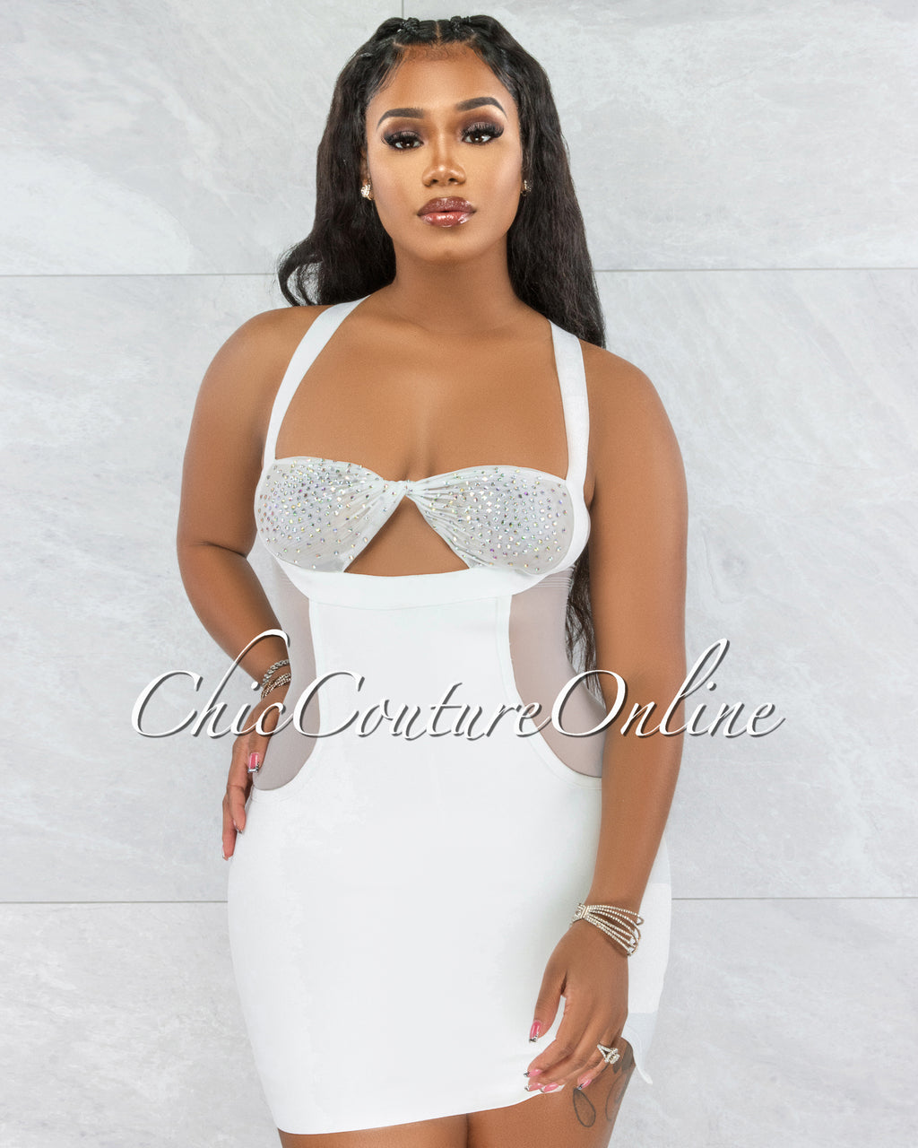 keyhole mesh dress Variya White Keyhole Mesh Rhinestones Mini Dress – Chic Couture Online