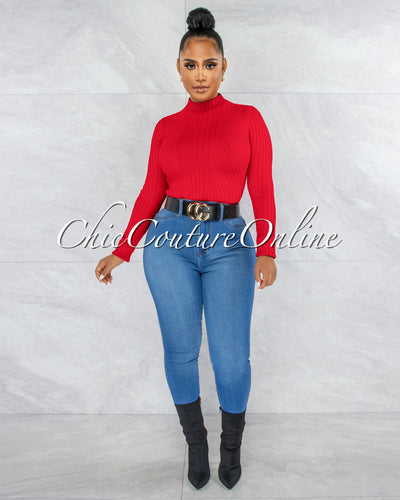 Wisteria Red Ribbed Long Sleeves Bodysuit