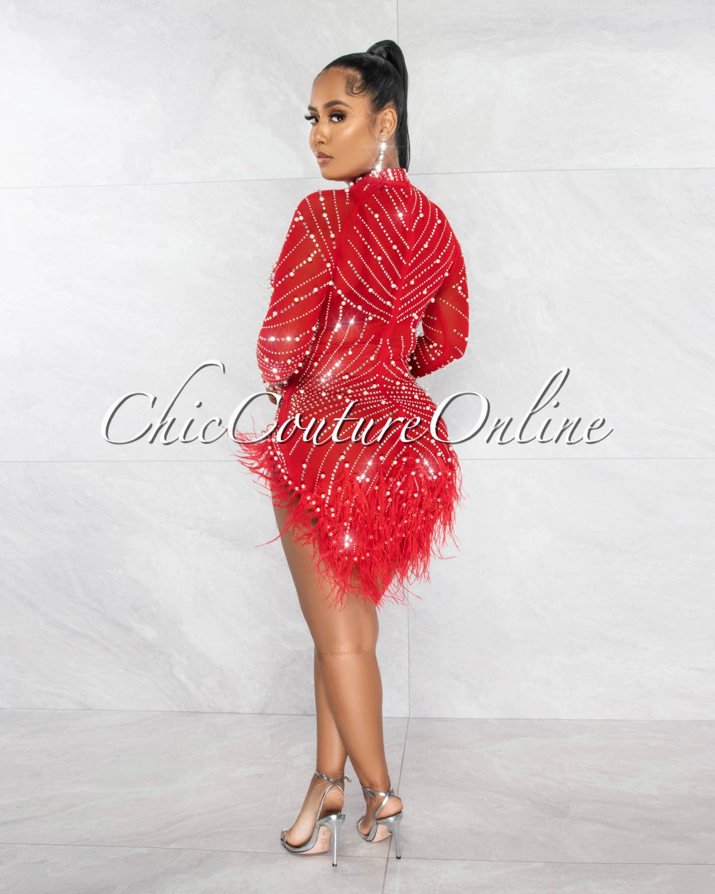 Rhesa Red Rhinestones Pearls & Feathers Mesh Mini Dress