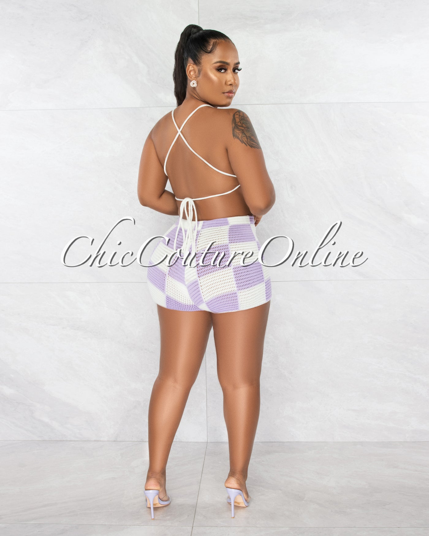 Egeria White Lilac Print Crop Top & Shorts Crochet Set