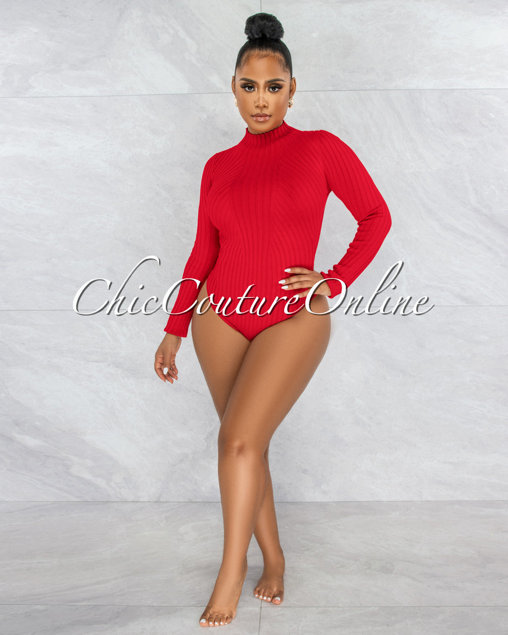 Wisteria Red Ribbed Long Sleeves Bodysuit