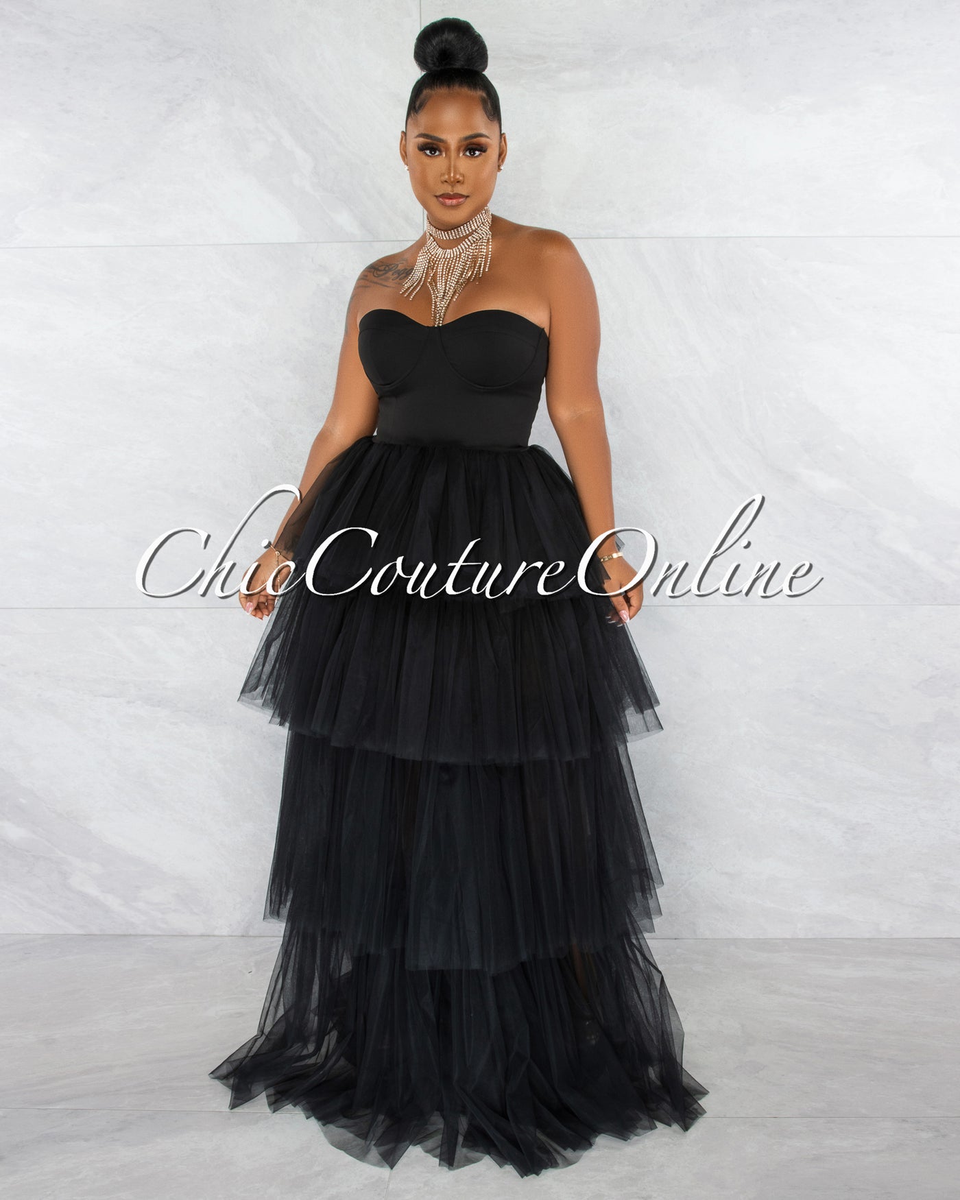 *Dempsey Black Padded Cups Tulle Tiered Bodysuit Maxi Dress