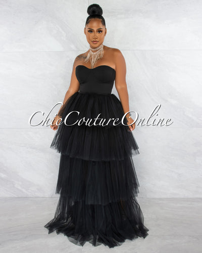 *Dempsey Black Padded Cups Tulle Tiered Bodysuit Maxi Dress