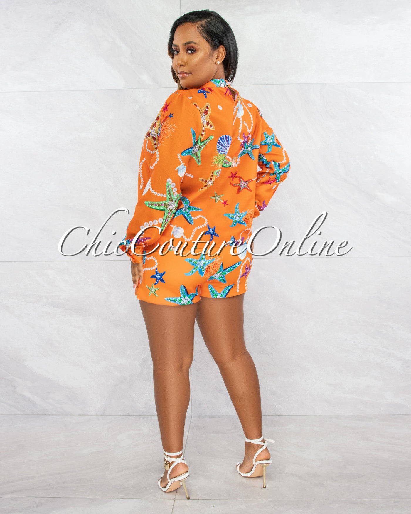 *Erencia Orange Sea Print Wide Blouse & Mini Shorts Set