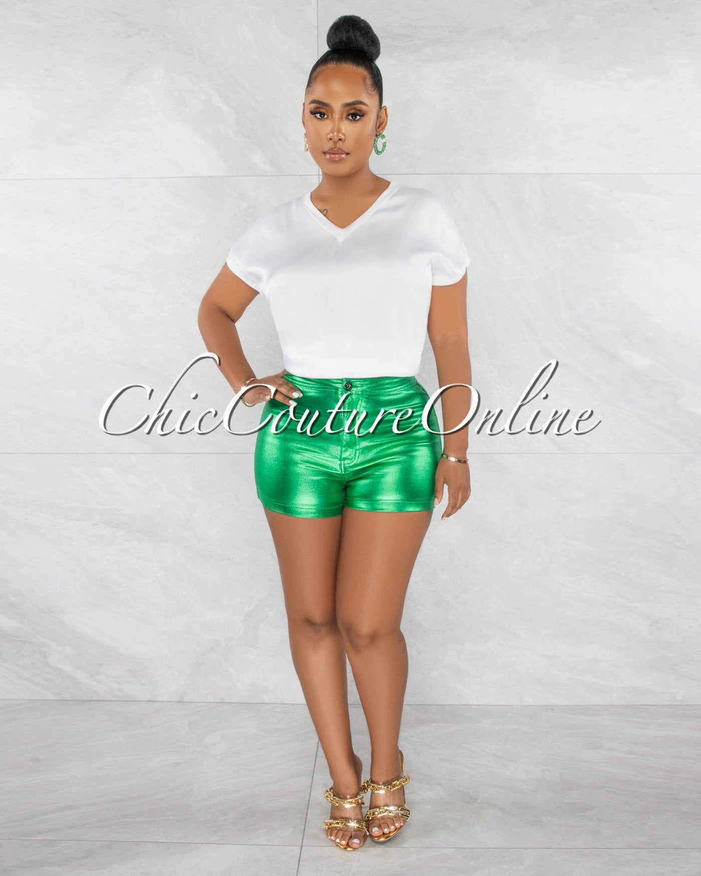Alvina Green High Waist Metallic Denim Shorts