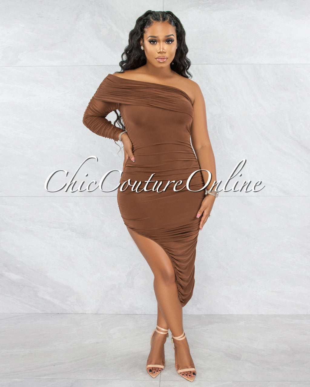 Brendy Brown Ruched Single Long Sleeve Dress Chic Couture Online Brendy Brown Ruched Single Long Sleeve Dress Chic Couture Online