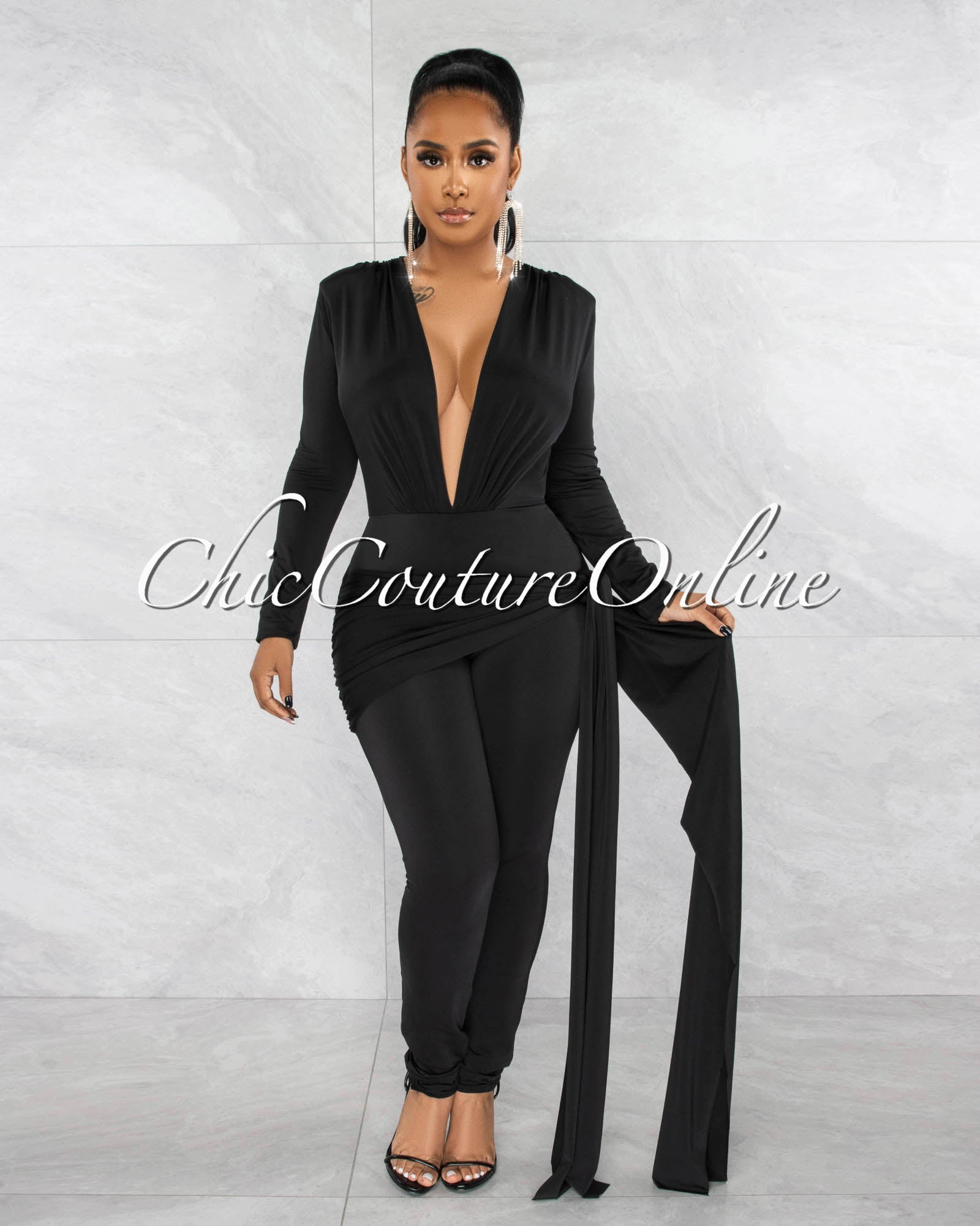 *Imara Black Deep VNeck Hip Train Accent Jumpsuit Chic Couture Online