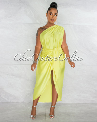 *Vorca Lime Single Shoulder Goddess Silky Dress