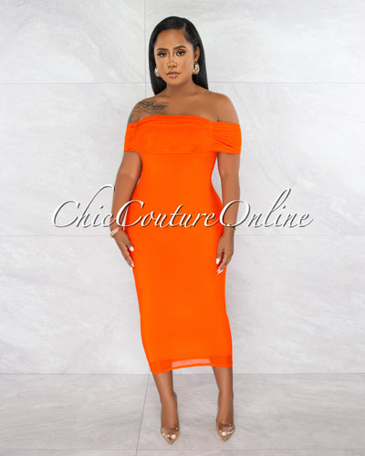 Ezer Orange Mesh Overlay Ruched Off-The Shoulder Dress