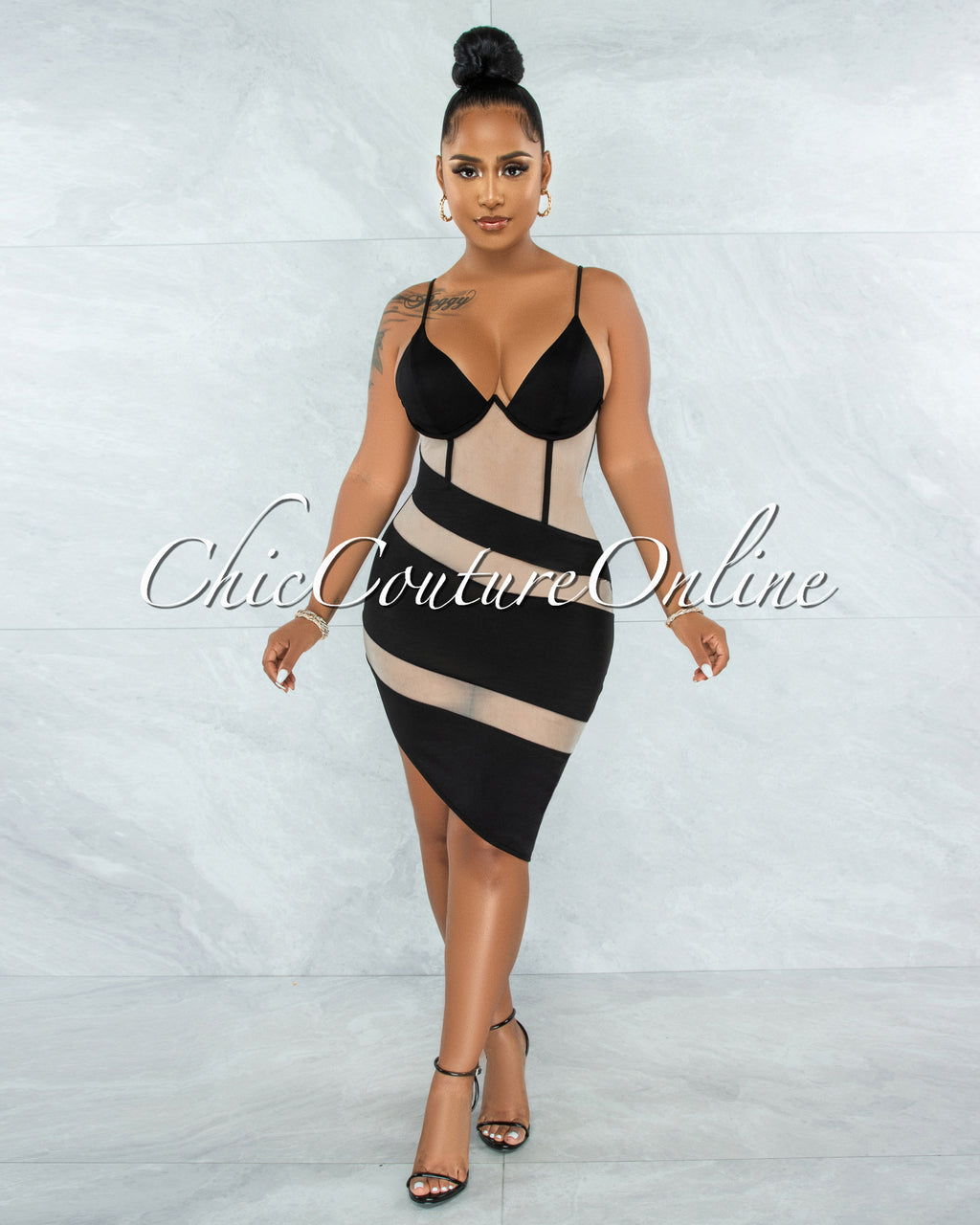 Moriah Black Nude Mesh Accent Asymmetrical Hem Dress Chic Couture Online Moriah Black Nude Mesh Accent Asymmetrical Hem Dress Chic Couture Online