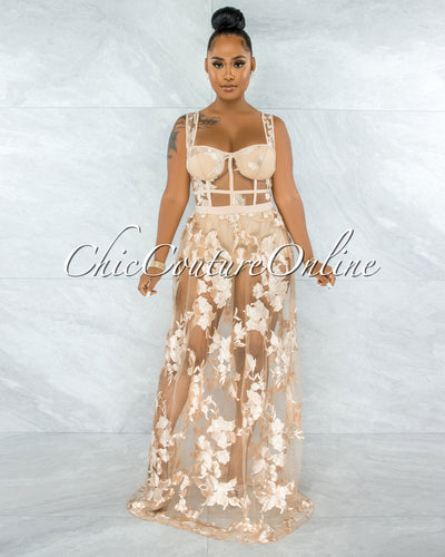 *Lidonie Nude Embroidery Mesh Maxi Padded Dress