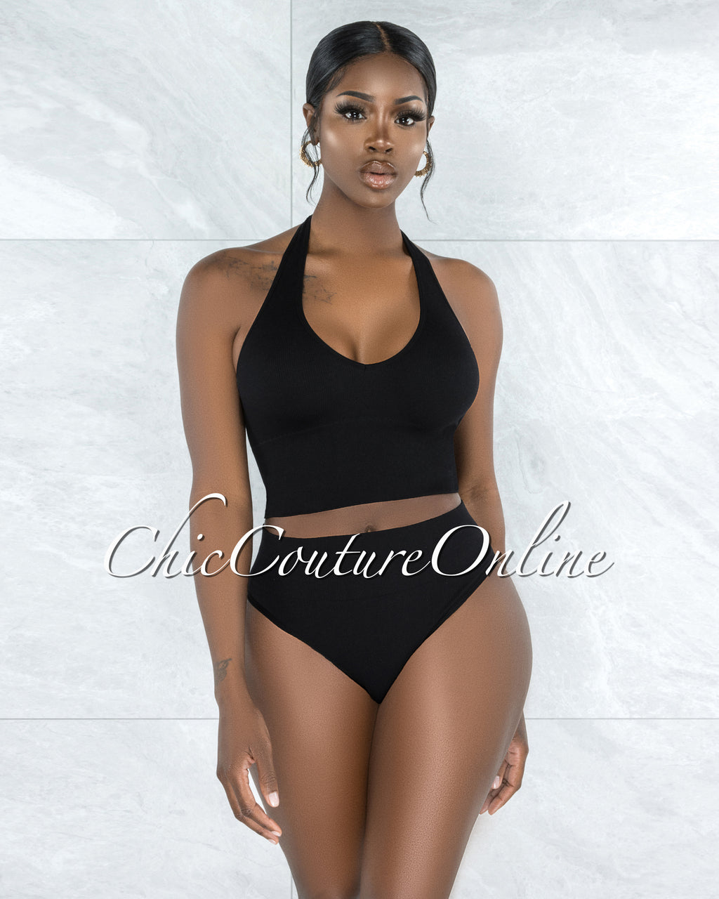 Dahy Black Ribbed Undergarment Two-Piece Set