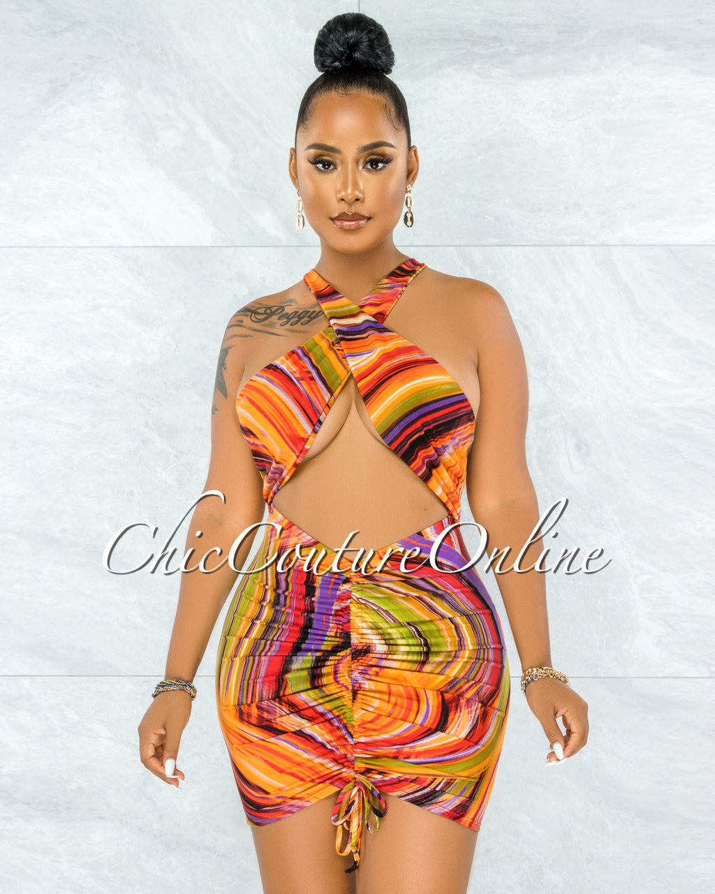 orange and purple mini dress Masako Orange Purple Halter Draped Ruched Mini Dress – Chic Couture Online