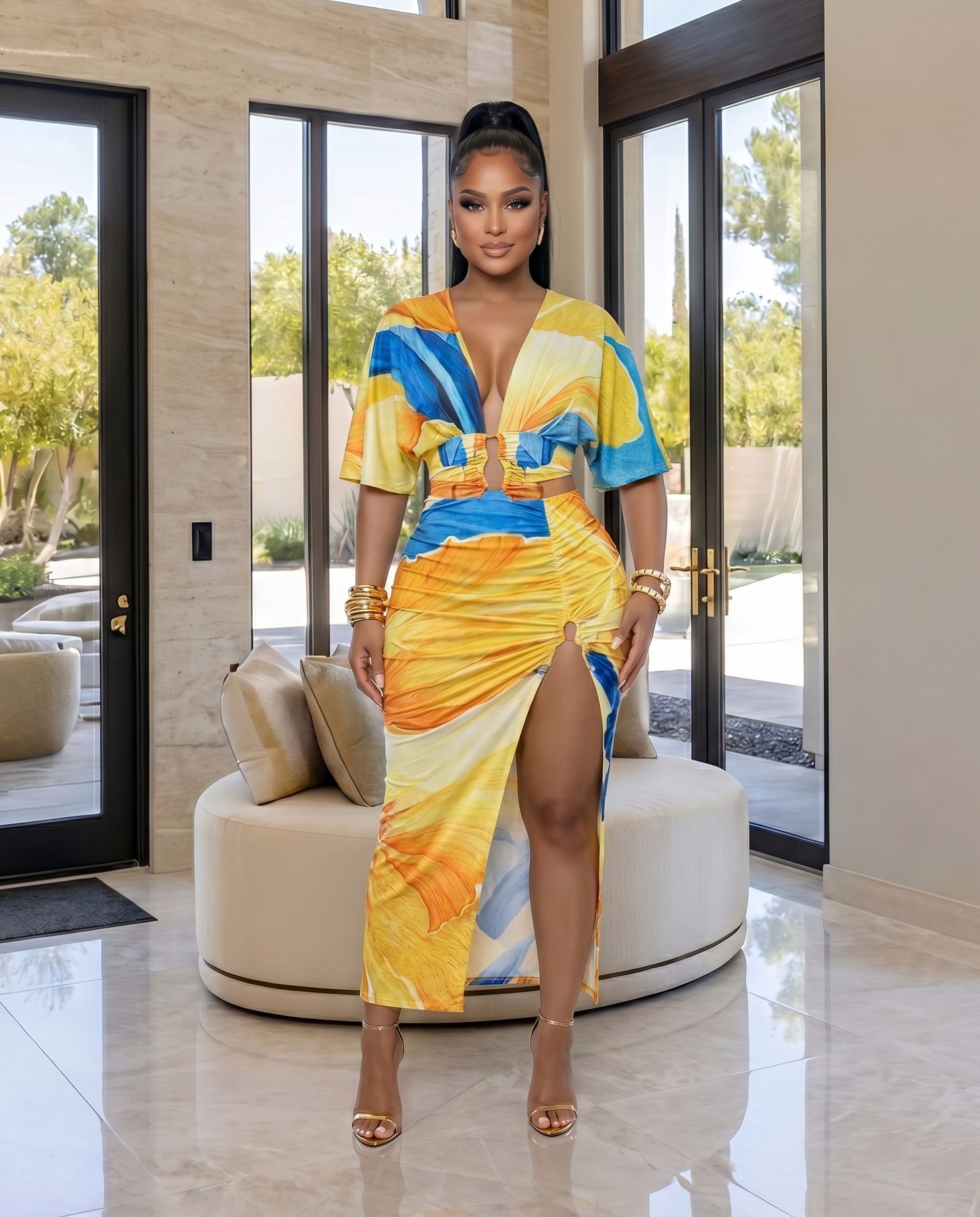 Olivette Yellow Blue Multi-Color Skirt Set