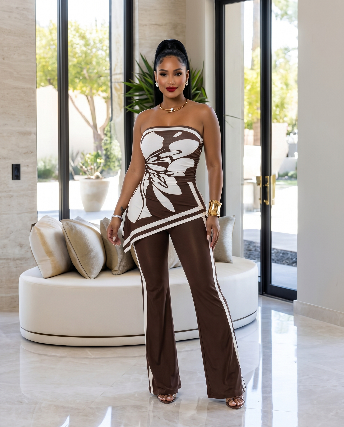 Lexina Brown Cream Print Strapless Jumpsuit