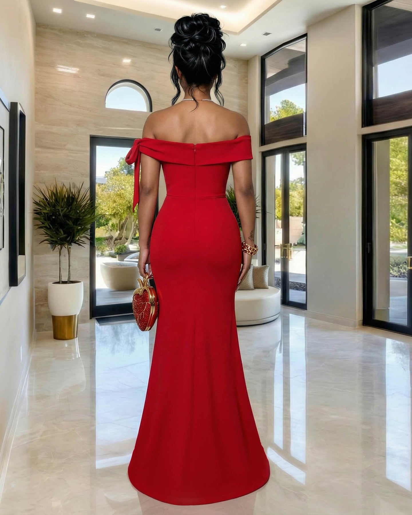 Sadona Red Off-The-Shoulder Maxi Bandage Dress