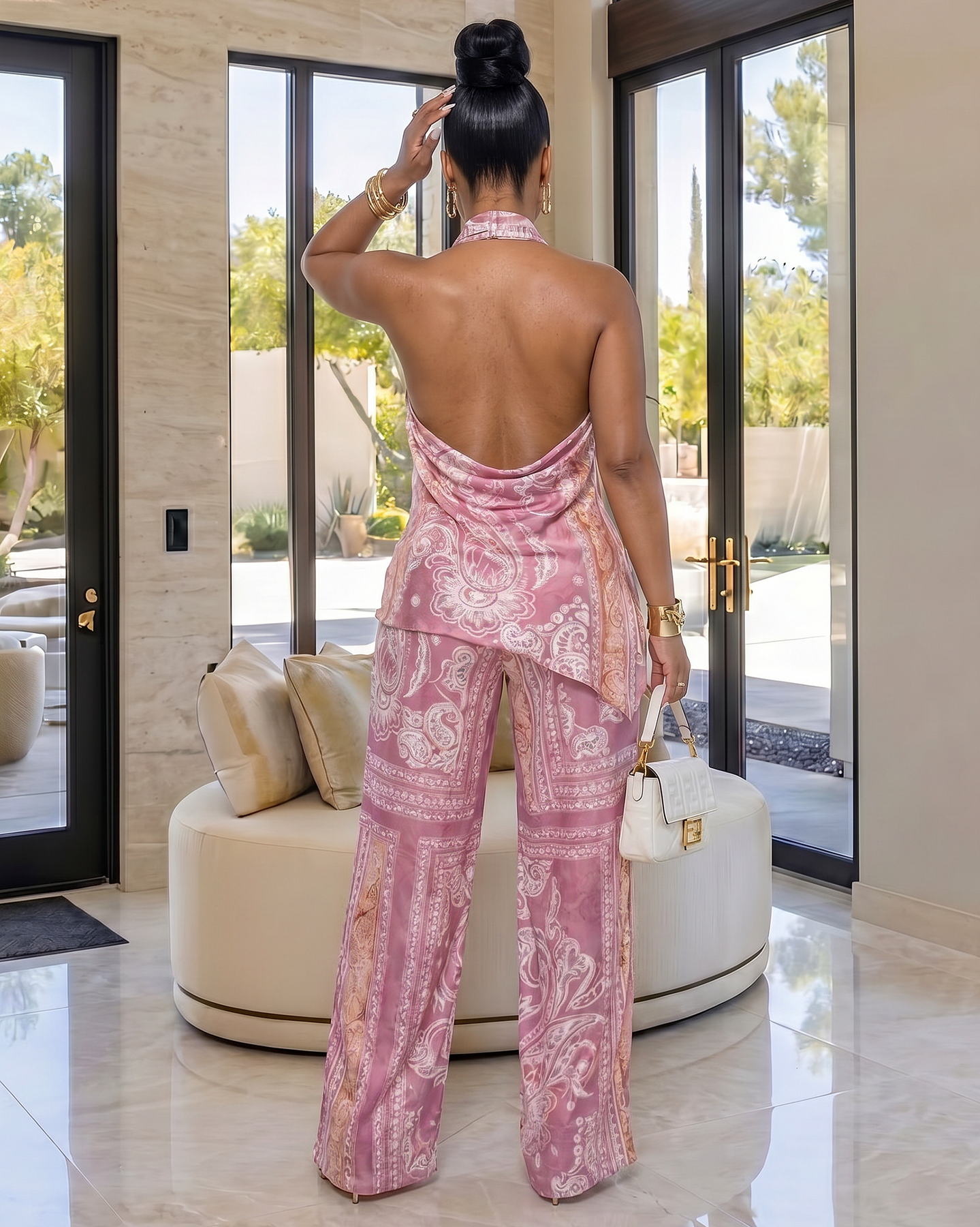 Zenith Pink White Print Open Back LUXE Pants Set