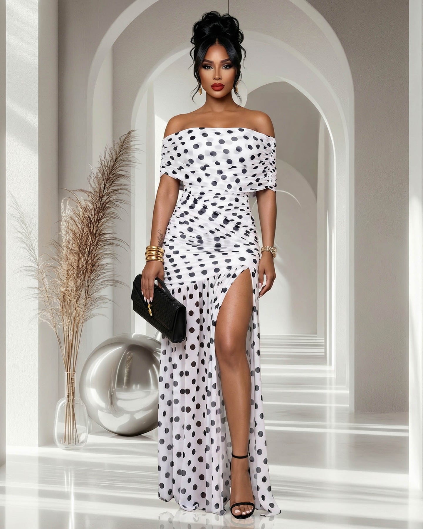 Micka White Black Polka Dot Single Sleeve Mesh Maxi Dress
