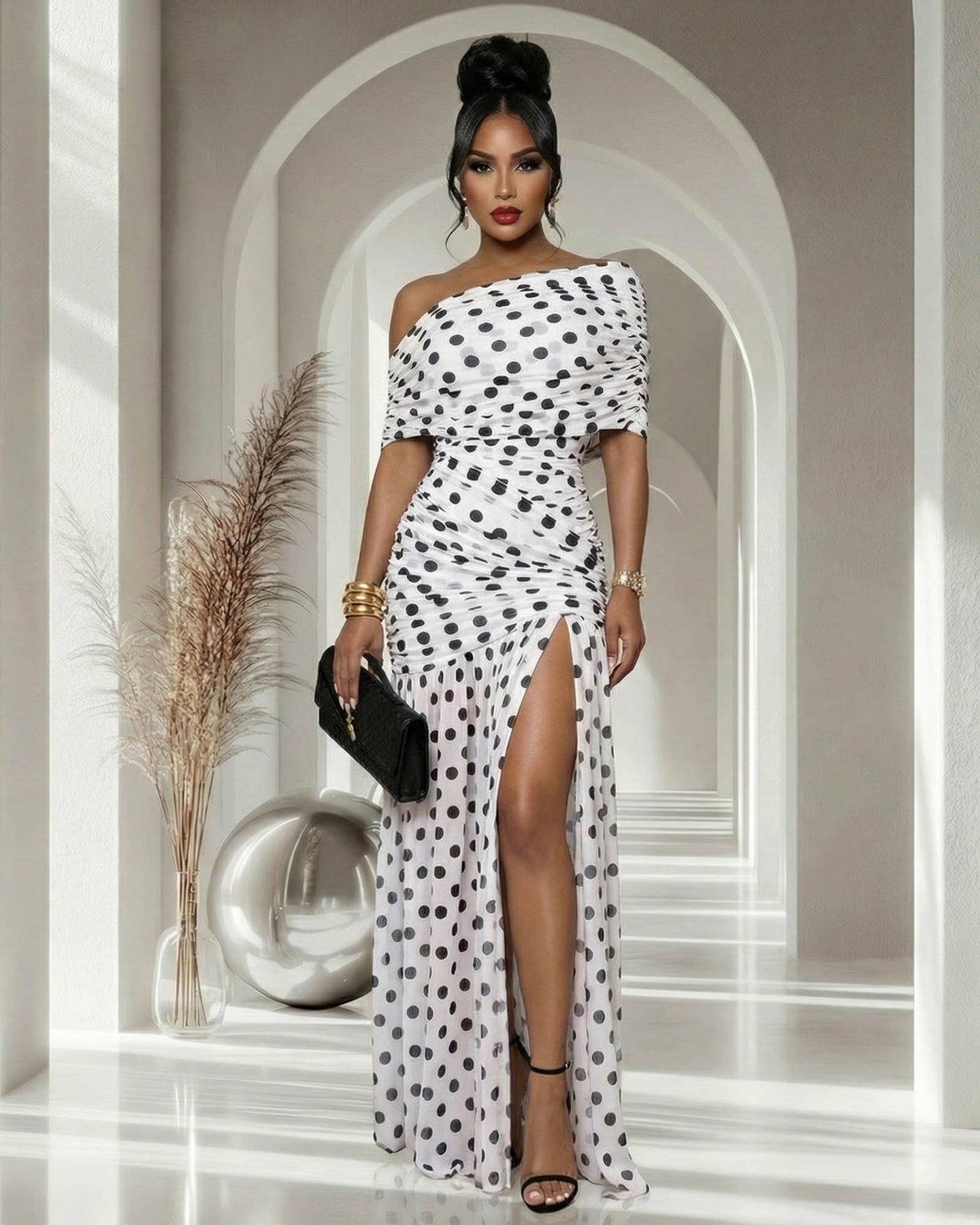 Micka White Black Polka Dot Single Sleeve Mesh Maxi Dress
