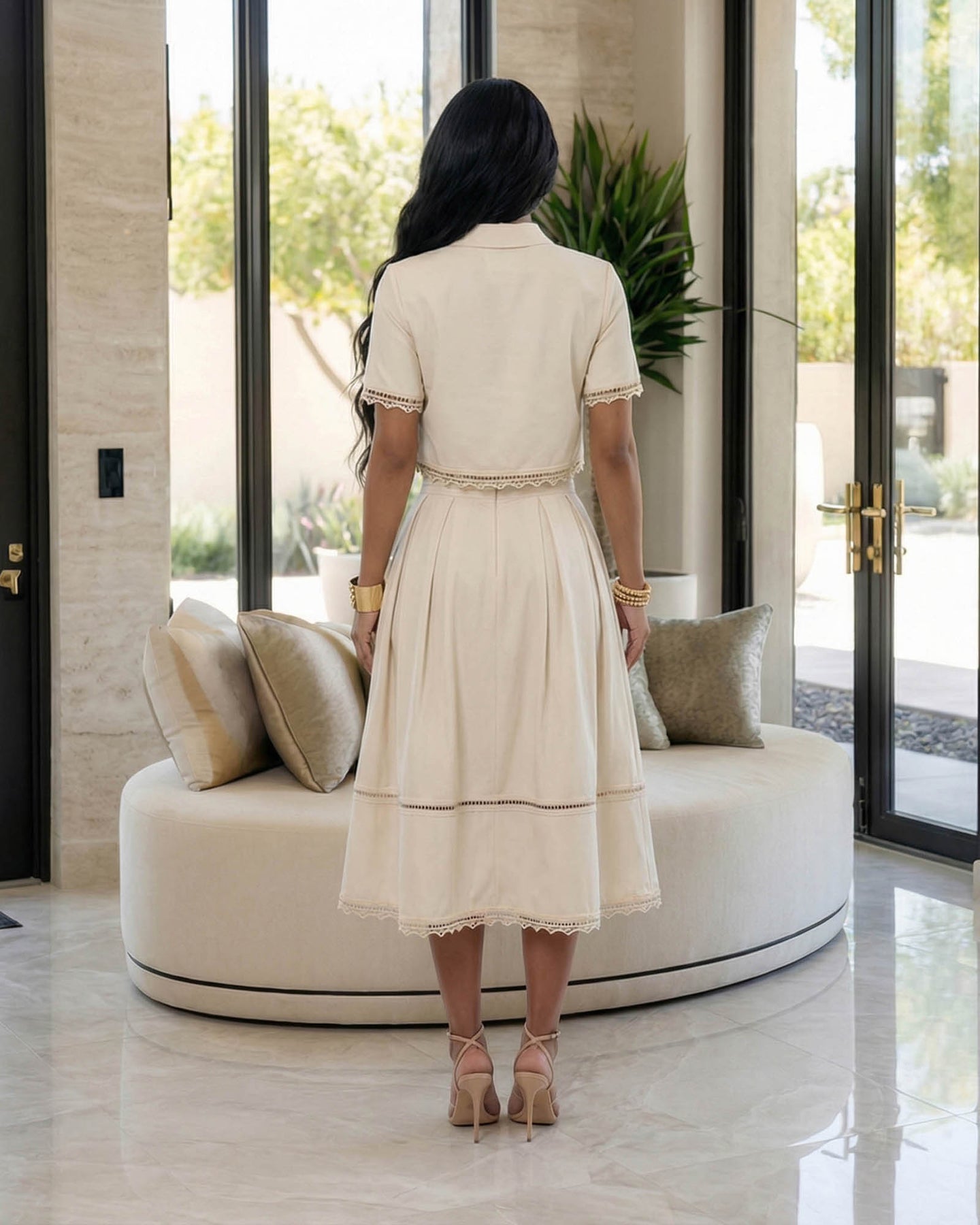 Marceline Cream Woven Studded Trim Top & Skirt Set