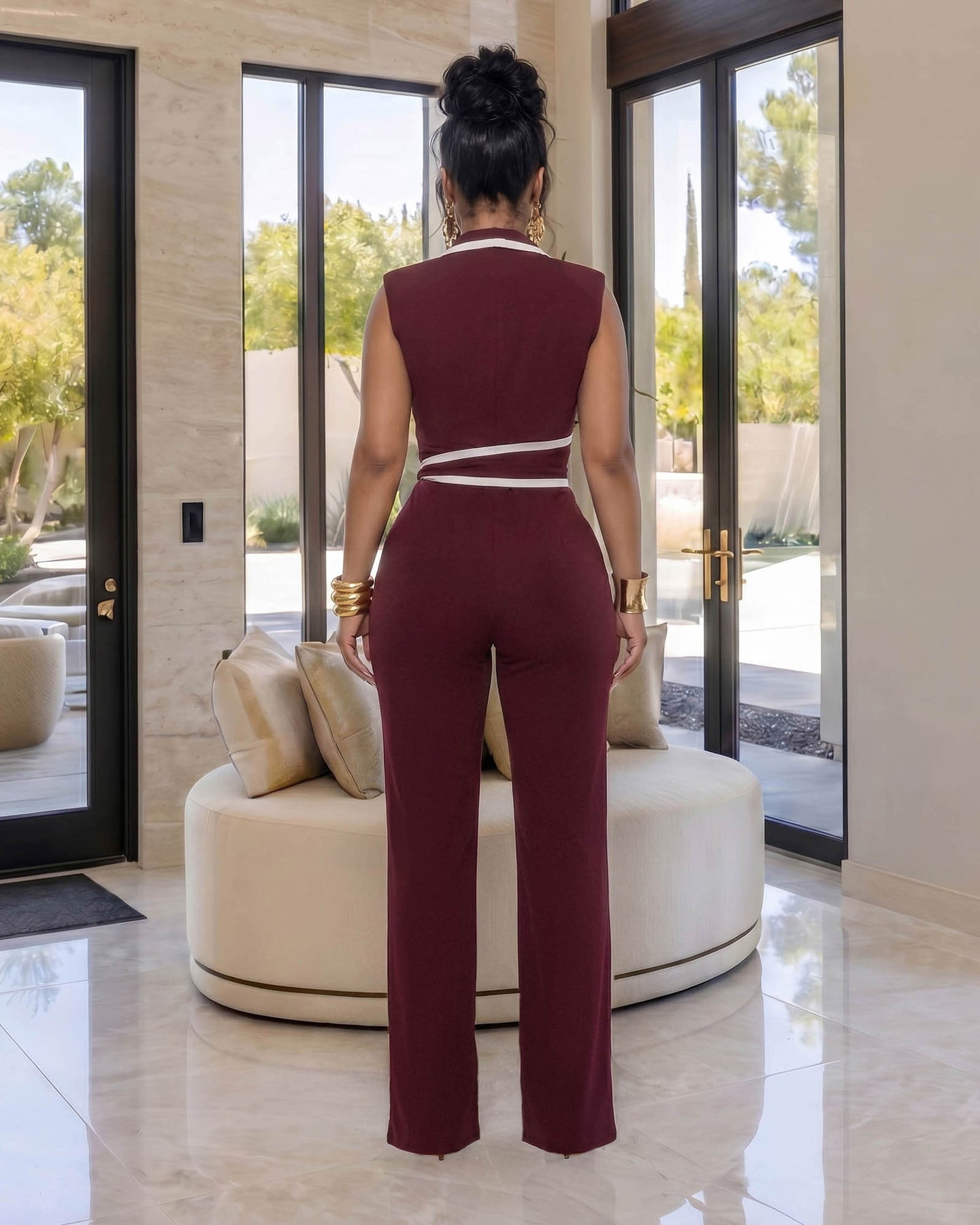 Salley Brown White Trim Belted Jumpsuit