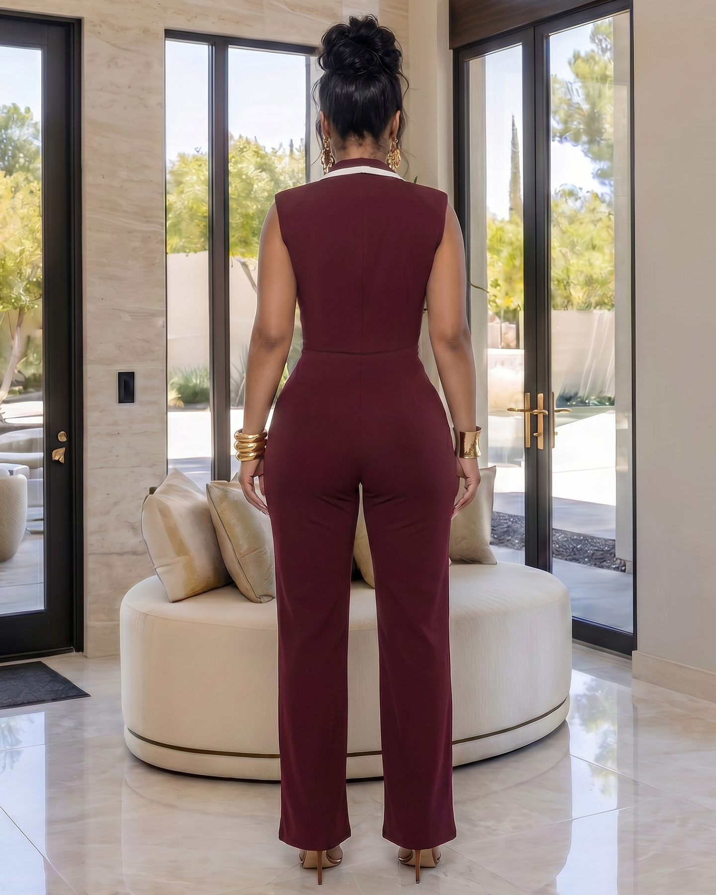 Salley Brown White Trim Belted Jumpsuit