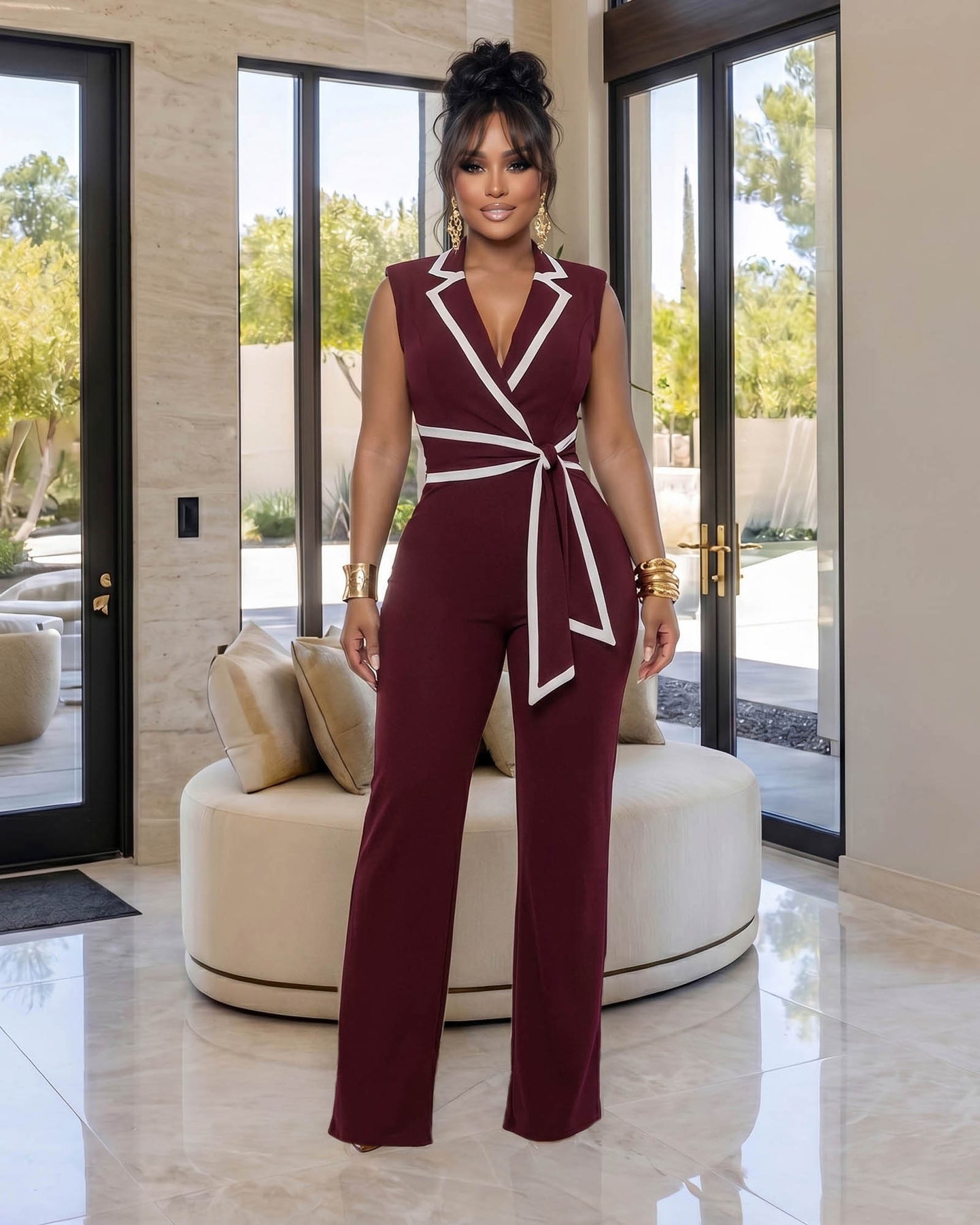 Salley Brown White Trim Belted Jumpsuit