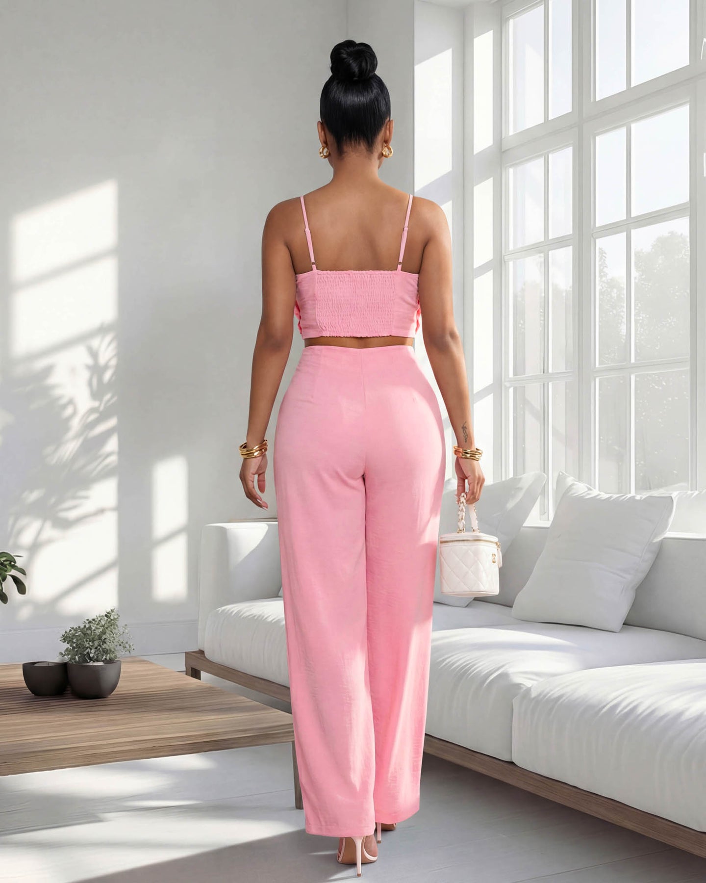 Avendria Pink Appliqué Crop Top & Pants Set
