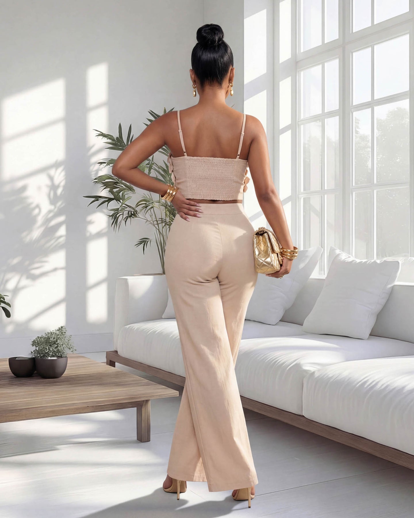 Avendria Nude Appliqué Crop Top & Pants Set