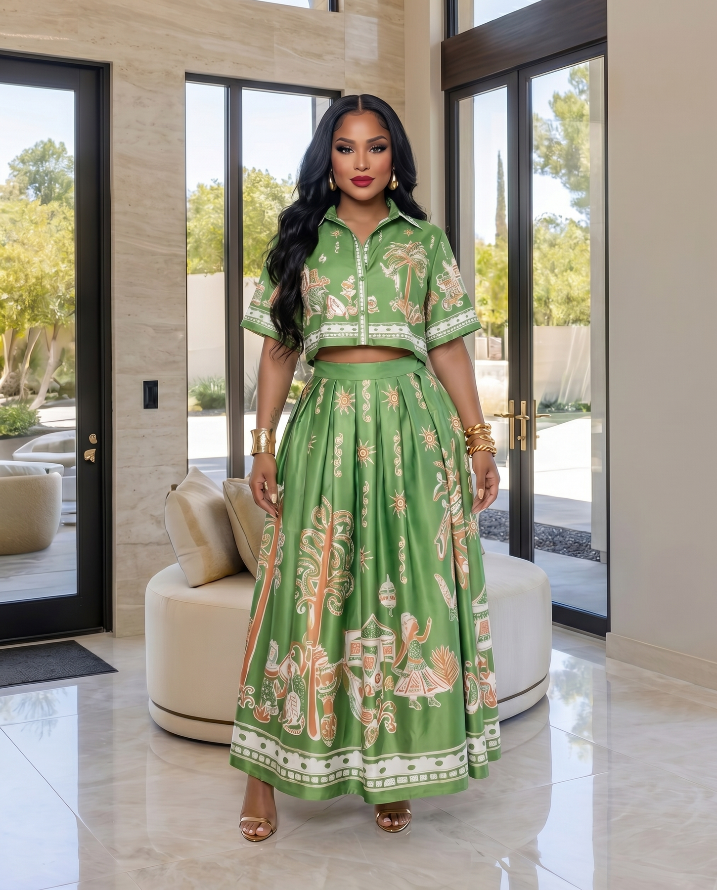 Cassandra Green Multi-Color Print & Maxi Skirt Set