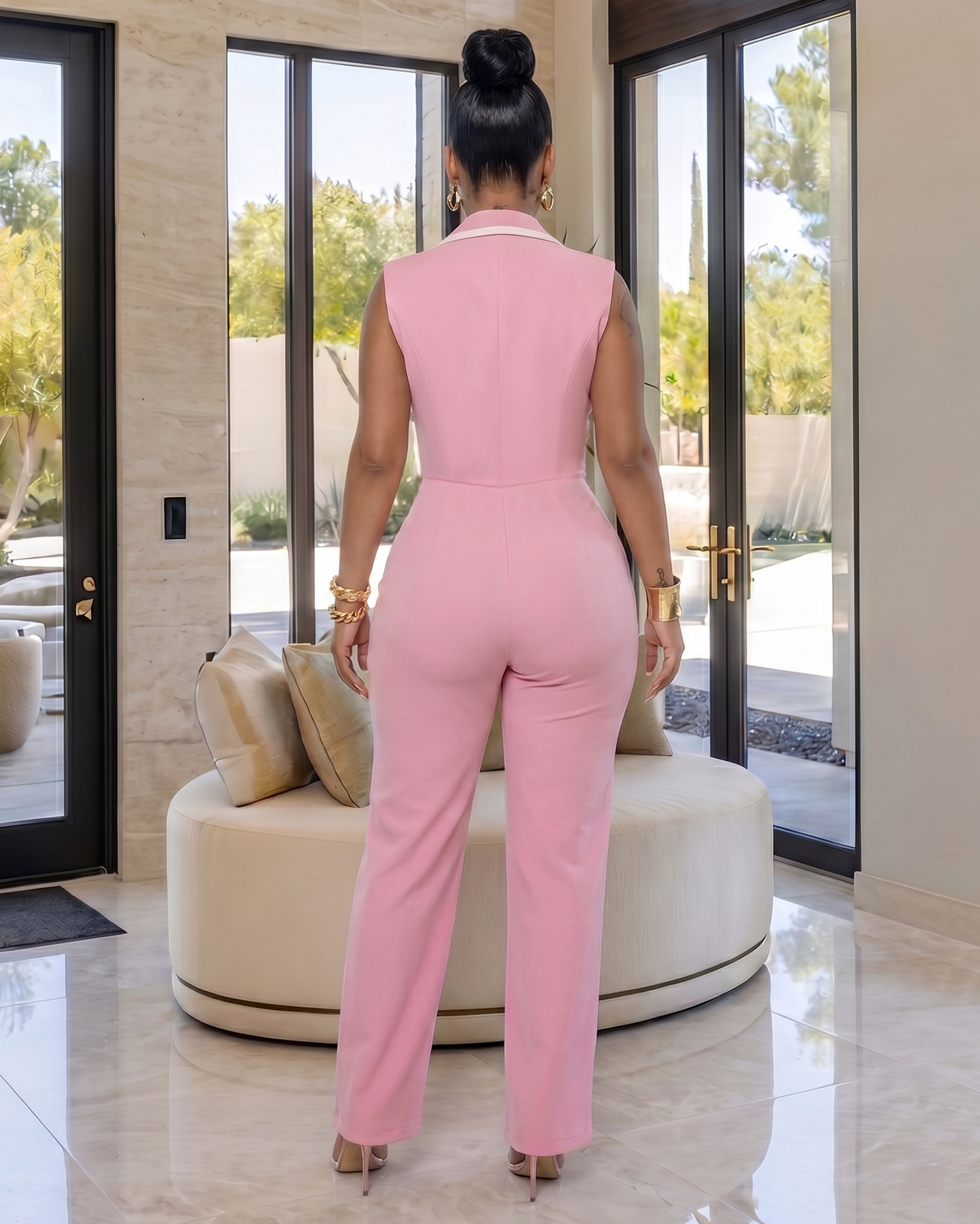 Salley Baby Pink White Trim Belted Jumpsuit