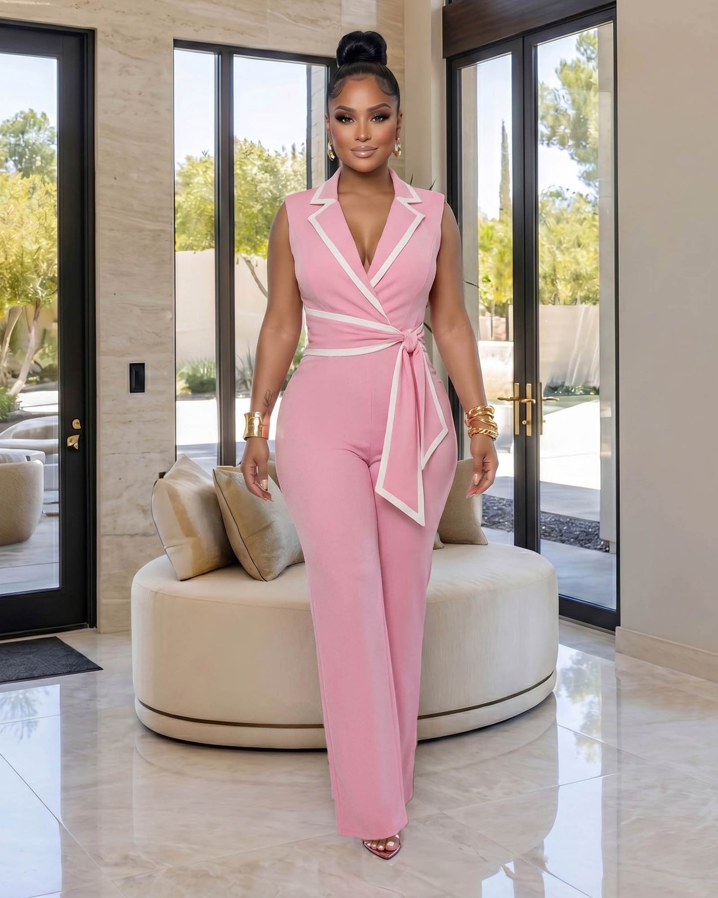 Salley Baby Pink White Trim Belted Jumpsuit